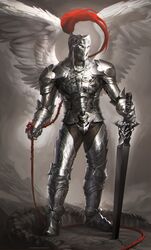  angel armor full_armor gauntlets helmet highres knight original sakimichan solo standing sword weapon whip wings 