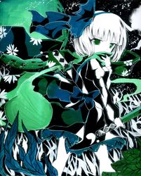  1girl absurdres acrylic_paint_(medium) back blush green hair_ribbon hairband highres hitodama katana konpaku_youmu konpaku_youmu_(ghost) leaf looking_back millipen_(medium) monochrome puffy_sleeves ribbon scarf short_hair silver_hair skirt solo spot_color sword torajirou touhou traditional_media vest weapon 