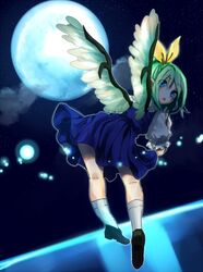 1girl :o alternate_wings blue_dress blue_eyes daiyousei dress flying green_hair looking_back migihidari_(puwako) moon moonlight puffy_short_sleeves puffy_sleeves short_dress short_sleeves sky socks solo star_(sky) starry_sky touhou white_legwear wings 