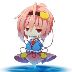  1girl barefoot beni_shake chibi hairband heart komeiji_satori long_sleeves looking_at_viewer pink_eyes pink_hair short_hair skirt solo third_eye touhou wide_sleeves 