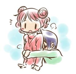  2girls blush hidamari_sketch hiro hug hug_from_behind lowres mukiki multiple_girls pink_hair sae short_hair yuri 