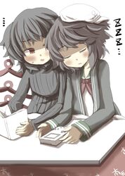  2girls asymmetrical_wings black_hair book closed_eyes eyes_closed game_boy gaoo_(frpjx283) hat highres houjuu_nue kotatsu multiple_girls murasa_minamitsu red_eyes ribbed_sweater sailor_hat short_hair sleeping sweater table touhou wings 