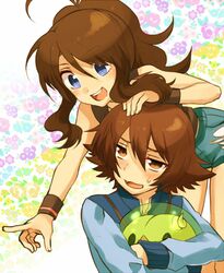  1boy 1girl blue_eyes brown_eyes brown_hair denim denim_shorts flower irouha jacket long_hair no_hat no_headwear open_mouth outstretched_arm pointing pokemon pokemon_(game) pokemon_bw ponytail short_hair shorts solosis touko_(pokemon) touya_(pokemon) wristband 