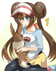  1girl black_legwear blue_eyes blush brown_hair double_bun eevee irouha long_hair mei_(pokemon) pantyhose pokemon pokemon_(game) pokemon_bw2 raglan_sleeves shorts sitting twintails visor_cap wariza 