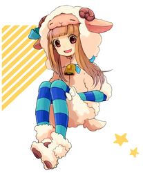 1008_(noble) animal_costume bell brown_hair cow_bell ichihara_nina idolmaster idolmaster_cinderella_girls long_hair sheep_costume solo star striped striped_legwear 