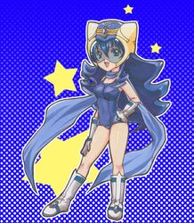 1girl blue_background blue_eyes blue_hair boots breasts chibi female hand_on_hip helmet long_hair mishina_aoi one-piece_swimsuit open_mouth ryuusei_sentai_musumet scarf school_swimsuit smile solo swimsuit traditional_media visor yu-miya