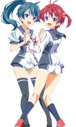  2girls :d ahoge aqua_eyes aqua_hair bow green_eyes green_hair hair_bow hands_together highres isshiki_akane long_hair looking_at_viewer multiple_girls open_mouth ponytail red_eyes red_hair redhead saegusa_wakaba school_uniform screencap scrunchie short_hair short_shorts short_twintails shorts smile socks thigh-highs thighhighs twintails vividred_operation zettai_ryouiki 