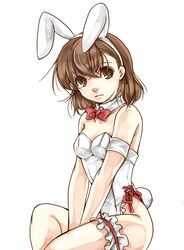  1girl animal_ears bowtie brown_eyes brown_hair bunny_ears bunny_tail bunnysuit detached_collar garters misaka_mikoto rabbit_ears sakiya_(bas-web) sitting solo tail to_aru_kagaku_no_railgun to_aru_majutsu_no_index 