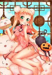  barefoot breasts cat china_dress chinese_clothes cleavage copyright_request green_eyes hair_bun highres jack-o'-lantern jack-o'-lantern orange_hair panties shinryou_rei underwear 