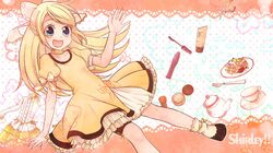  :d blonde_hair choker dress food fork hair_ribbon highres kagamine_rin long_hair open_mouth ribbon shinryou_rei smile teapot vocaloid wallpaper 