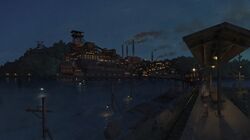 cityscape dusk flood highres lamppost landscape night original pochi_(poti1990) railroad_tracks scenery scenic school_uniform seifuku serafuku sky smoke smokestack solo telephone_pole train train_station water 
