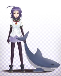  1girl ahoge bandaid black_gloves black_legwear breasts checkered checkered_background full_body gloves highres jitome medaka_box naze_youka pleated_skirt purple_hair red_eyes school_uniform serafuku shark sharkbro short_hair short_sleeves skirt solo 
