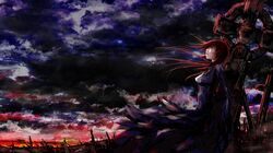  clouds cross daisy_(invisibleworld) dark highres megurine_luka red_eyes red_hair redhead vocaloid 