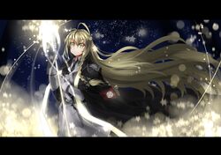  1girl absurdres alternate_costume blonde_hair braid highres jacket kirisame_marisa lance long_hair military military_uniform necktie no_hat no_headwear polearm shika_lq single_braid smile solo star touhou trench_coat uniform weapon yellow_eyes 