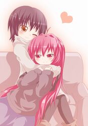  2girls ahoge black_hair brown_eyes casual couch funami_yui heart hug kers long_hair multiple_girls pink_eyes pink_hair short_hair skirt smile sugiura_ayano wink yuri yuru_yuri 