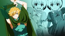  1boy 2girls alice_(fate/extra) archer_(fate/extra) braid brown_hair cape cloak dress fate/extra fate_(series) green_eyes hair_over_one_eye hat magi_the_labyrinth_of_magic multiple_girls orange_hair parody projected_inset style_parody yakitori_(oni) 