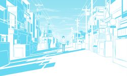  arc blue boots cloud clouds hands_in_pockets hebitsukai highres monochrome original pantyhose scarf short_hair skirt sky solo standing street 