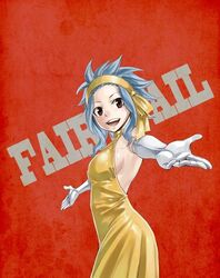  blue_hair breasts dress elbow_gloves fairy_tail gloves headband levy_mcgarden mashima_hiro open_mouth short_hair sideboob solo traditional_media 