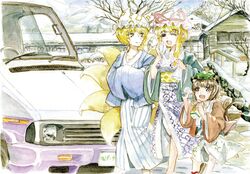  3girls animal_ears blonde_hair breasts brown_eyes brown_hair building cat_ears cat_tail chen cleavage collarbone contemporary fox_tail geta graphite_(medium) handkerchief handrail hands_in_sleeves hat hat_ribbon hat_with_ears japanese_clothes jewelry juice_box kimono looking_at_another master_(4th) mountain multiple_girls multiple_tails obi paint_(medium) payot purple_eyes ribbon short_hair single_earring sleeve_tug snow stairs tail touhou traditional_media tree vehicle violet_eyes wink yakumo_ran yakumo_yukari yellow_eyes 