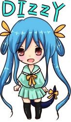  blue_hair blush bow dizzy guilty_gear hair_bow long_hair lowres open_mouth ribbon tail tail_ribbon thigh-highs thighhighs twintails 