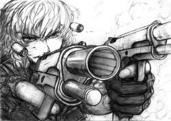  1girl character_request dual_wielding fingerless_gloves firing gloves gun imizu_(nitro_unknown) kirisame_marisa locked_slide military monochrome operator shell_casing short_hair smoke solo touhou weapon 