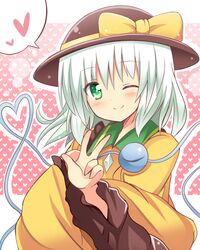  1girl blush bust green_eyes hat hat_ribbon heart heart_background heart_of_string komeiji_koishi long_sleeves looking_at_viewer posing ribbon shinekalta shirt silver_hair smile solo spoken_heart third_eye touhou wide_sleeves wink 