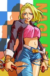  1girl bangle belt blonde_hair blue_eyes bracelet breasts dual_wielding grimace hojo_nagi jeans jewelry kamiomutsu large_breasts last_bronx lipstick makeup midriff navel open_clothes open_jacket reverse_grip sai_(weapon) sega short_hair solo tank_top torn_clothes torn_jeans 