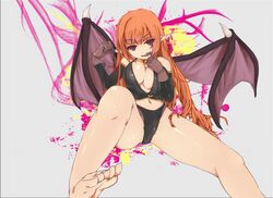 1girl bare_shoulders barefoot breasts brown_hair choker cleavage cross demon_girl demon_wings elbow_gloves fang feet gloves highres large_breasts long_hair naughty_face original pointy_ears red_eyes shiny shiny_skin slit_pupils solo subaru_(pixiv) succubus toes wings
