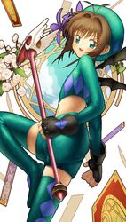  1girl 4b-enpitsu argyle argyle_legwear bat_wings brown_hair card card_captor_sakura cardcaptor_sakura clow_card costume fingerless_gloves flower fuuin_no_tsue gloves green_eyes highres kinomoto_sakura looking_back midriff short_hair shorts thigh-highs thighhighs wand wings 