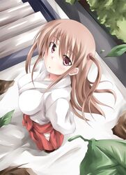  1girl atarashi_ako blush brown_hair hakama japanese_clothes leaf long_hair miko mister_(black_and_white) saki saki_achiga-hen solo 