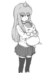  ahoge cat crossover highres long_hair minami-ke minami_chiaki monochrome narumero natsume_yuujinchou nyanko sketch skirt thigh-highs thighhighs zettai_ryouiki 