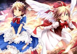  2girls ;o ;p ahoge apron ayase_midori blonde_hair blush bow feathers gengetsu hair_bow index_finger_raised looking_at_viewer maid maid_headdress mugetsu multiple_girls pantyhose raised_finger short_hair siblings sisters smile tongue touhou waist_apron white_legwear white_wings wings wink wrist_cuffs yellow_eyes 