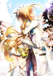  1boy 1girl ahoge closed_eyes coat eyes_closed gloves green_hair houhou_(black_lack) hug jude_mathis long_hair milla_maxwell red_eyes short_hair skirt tales_of_(series) tales_of_xillia 