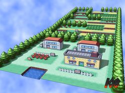  3d chimney commentary drew108 fence flower grass house no_humans pallet_town pokemon pokemon_(game) pokemon_frlg scenery signature tree water 