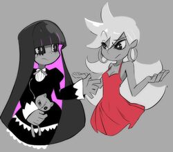  2girls bare_shoulders black_hair breasts cleavage dress earrings gothic_lolita hoop_earrings jewelry lolita_fashion long_hair multicolored_hair multiple_girls no_legs panty_&amp;_stocking_with_garterbelt panty_(psg) partially_colored pink_hair red_dress sho-n-d shrug siblings simple_background sisters spaghetti_strap spot_color stocking_(psg) stuffed_cat two-tone_hair very_long_hair 