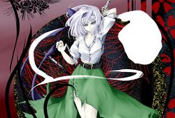  1girl arm_up belt blue_eyes hair_ribbon hand_on_hilt highres katana konpaku_youmu konpaku_youmu_(ghost) looking_at_viewer ribbon shirt short_sleeves silver_hair skirt solo suzu_(dendorobium) sword touhou weapon 