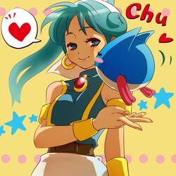  1girl arabian_clothes armlet asha_(monster_world) blue_eyes blush_stickers bracelet earrings eyelashes gem green_hair headdress heart hoop_earrings jewelry kamiomutsu kiss long_hair monster monster_world monster_world_iv pepelogoo smile spoken_heart 