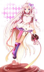  apron boots bow chocolate highres ia_(vocaloid) long_hair mismatched_legwear purple_eyes skura01 violet_eyes vocaloid 