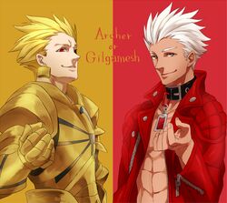  2boys archer armor blonde_hair collar dark_skin earrings fate/extra fate/extra_cc fate/extra_ccc fate_(series) gilgamesh jacket jewelry multiple_boys red_jacket shiori_(1095951) white_hair 