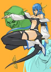  asymmetrical_wings bare_shoulders black_legwear blue_hair boots bow breasts choker cleavage detached_sleeves dizzy guilty_gear hair_bow high_heels highres kimuchi legs long_hair long_legs navel navel_cutout necro red_eyes ribbon shoes tail tail_ribbon thigh-highs thighhighs thighs twintails under_boob underboob undine wings 