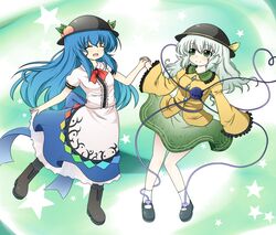  2girls blue_hair closed_eyes colored eyes_closed food fruit fuuen_(akagaminanoka) green_eyes green_hair hand_holding hat hinanawi_tenshi holding_hands komeiji_koishi long_hair multiple_girls open_mouth peach smile star touhou very_long_hair 