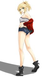  1girl absurdres ass blonde_hair boots cutoffs denim denim_shorts fate/apocrypha fate_(series) green_eyes hair_up highres ikinokorubatu jacket jacket_off_shoulders looking_back ponytail red_jacket saber_of_red short_shorts shorts solo tubetop 