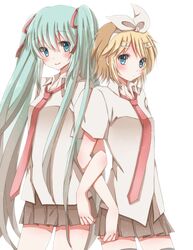  2girls aqua_eyes aqua_hair blue_eyes blush dress_shirt hair_ornament hair_ribbon hairclip hatsune_miku hiro_(hirohiro31) kagamine_rin long_hair multiple_girls necktie ribbon shirt short_hair skirt thigh-highs thighhighs twintails vocaloid 