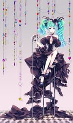  1girl aqua_eyes aqua_hair breasts center_opening checkered checkered_floor choker cleavage dress flower hair_flower hair_ornament hairclip hatsune_miku highres microphone microphone_stand sitting solo soso stool twintails vocaloid 