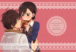  2boys alvin_(tales_of_xillia) blush brown_eyes brown_hair gift glasses jude_mathis multiple_boys smile tales_of_(series) tales_of_xillia yaoi 