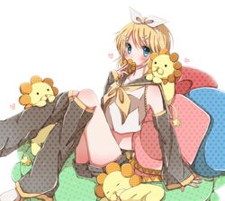  1girl blonde_hair blue_eyes blush detached_sleeves doughnut hair_ornament hair_ribbon hairclip hiro_(hirohiro31) kagamine_rin neckerchief pillow ribbon short_hair short_shorts shorts solo vocaloid 
