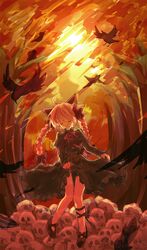  1girl ahoge animal_ears bird bow braid cat_ears crow dress hair_bow kaenbyou_rin kinugasa_kaguya long_hair redhead rough skull smile solo touhou twin_braids 