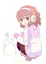  1girl :d boots bow character_request coat earmuffs flag hair_bow knee_boots looking_back mittens nagian open_mouth pantyhose pink scarf skirt smile snowman solo 