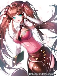  1girl aile_(crossroads) blue_eyes book breasts brown_hair cleavage flower happy junketsu_duelion long_hair necktie ribbon skirt thigh-highs twin_tail 