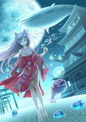  1girl animal_ears barefoot fish fox_ears japanese_clothes kimono long_hair moon original short_kimono shrine silver_hair surreal walking water whale youkuzuri 